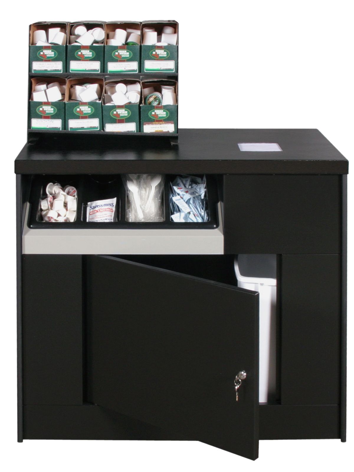 A black cabinet with a door open and a trash can underneath it.