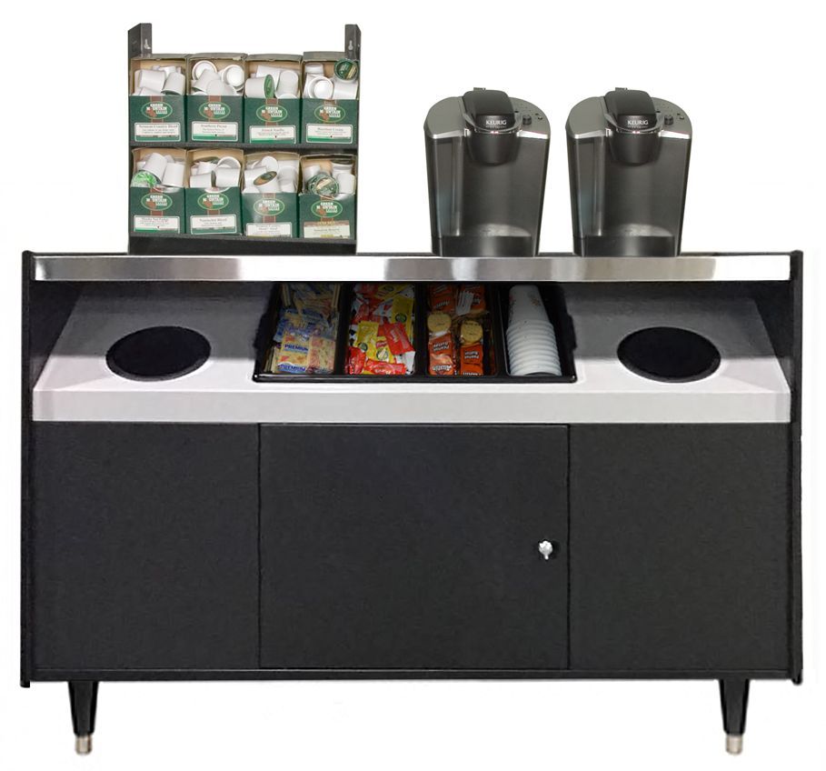 A coffee station with two coffee makers and boxes of tea