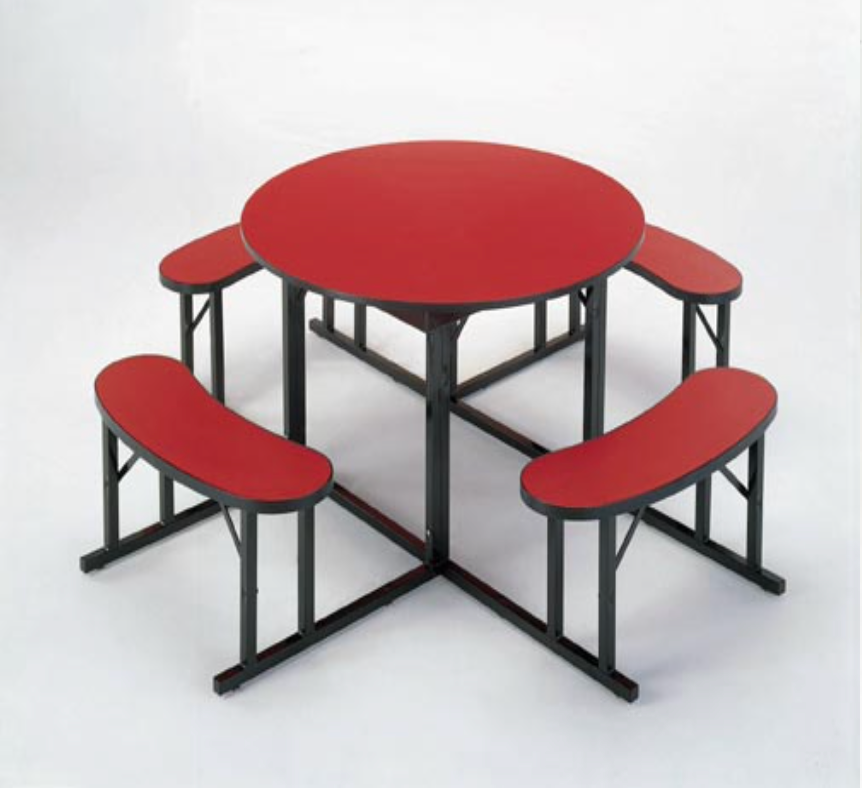 A red table with four red benches around it