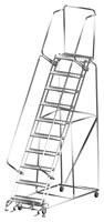 A black and white drawing of a ladder with wheels on a white background.