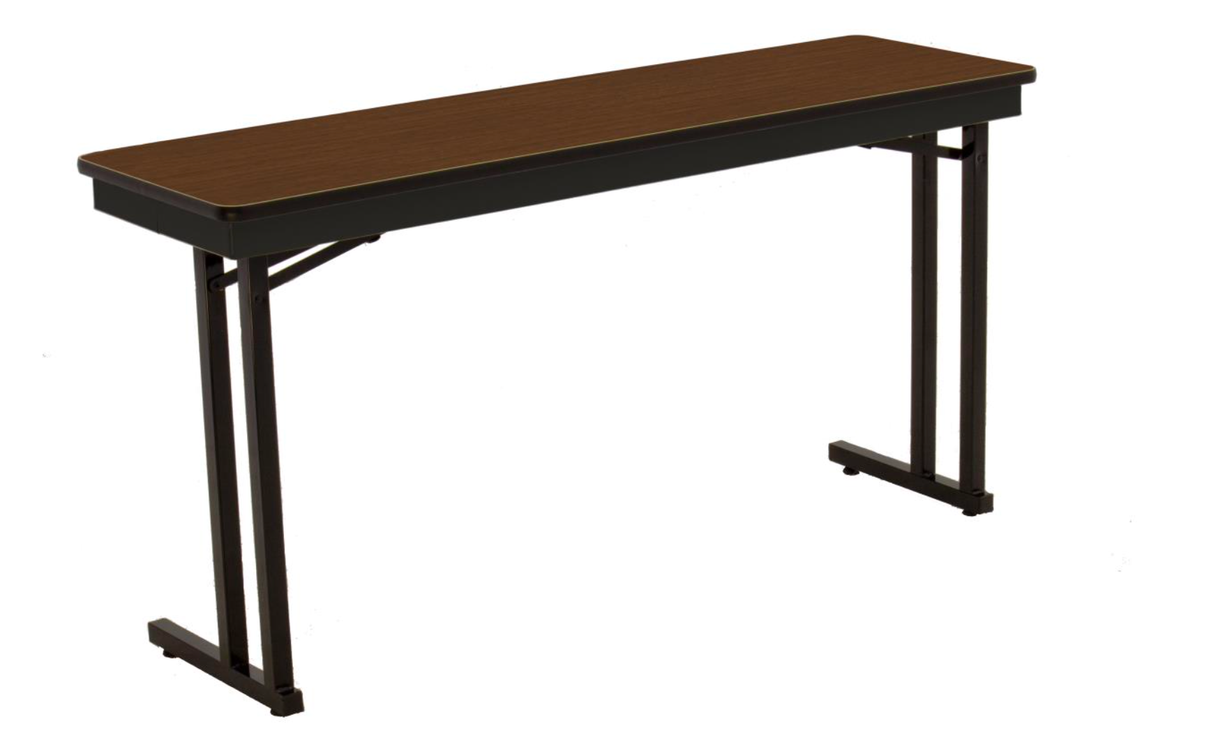 A long wooden table with black legs on a white background.