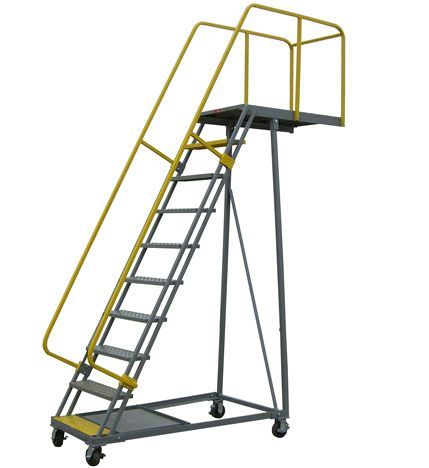 a ladder with wheels and a yellow railing on a white background .