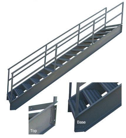 A set of metal stairs with a railing showing the top and base