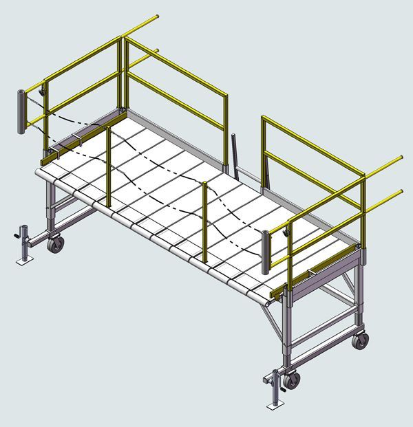 A drawing of a scaffolding with wheels and a yellow railing.