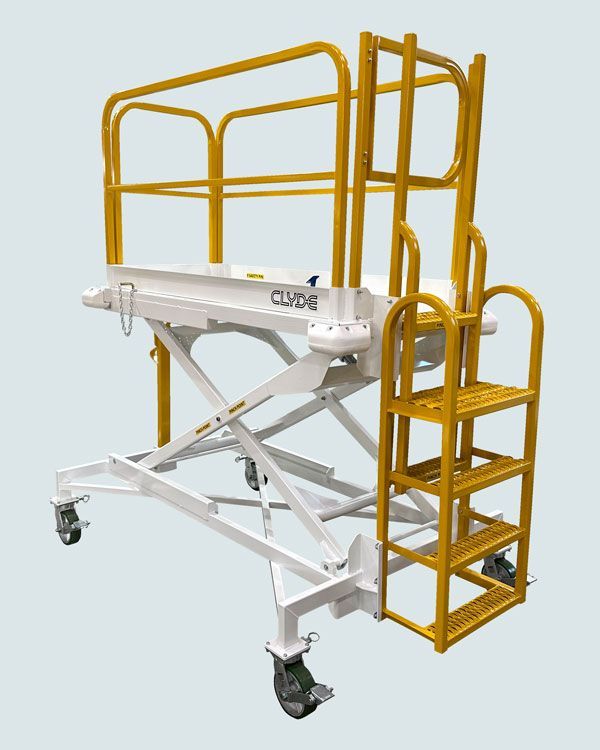 A white and yellow ladder with wheels on a white background.