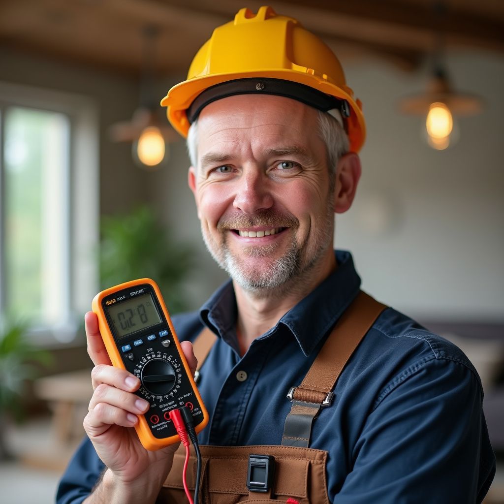 A professional wearing a yellow hard hat and brown overalls holds up a yellow digital multimeter.