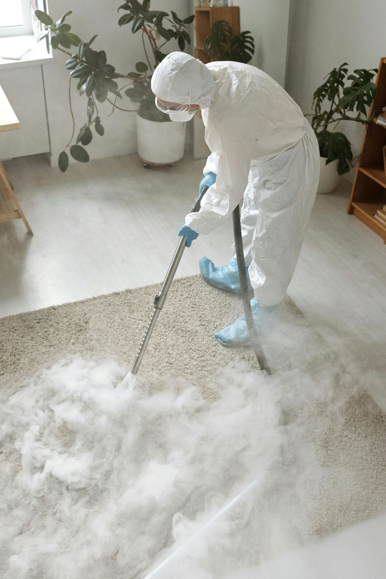 A person in full protective gear cleans a carpet with a machine emitting a dense white vapor in a bright room.