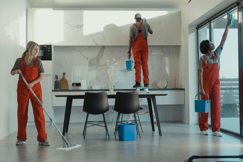 Three people in matching orange overalls clean a modern kitchen: one mops the floor, one wipes a high cabinet, one cleans glass.