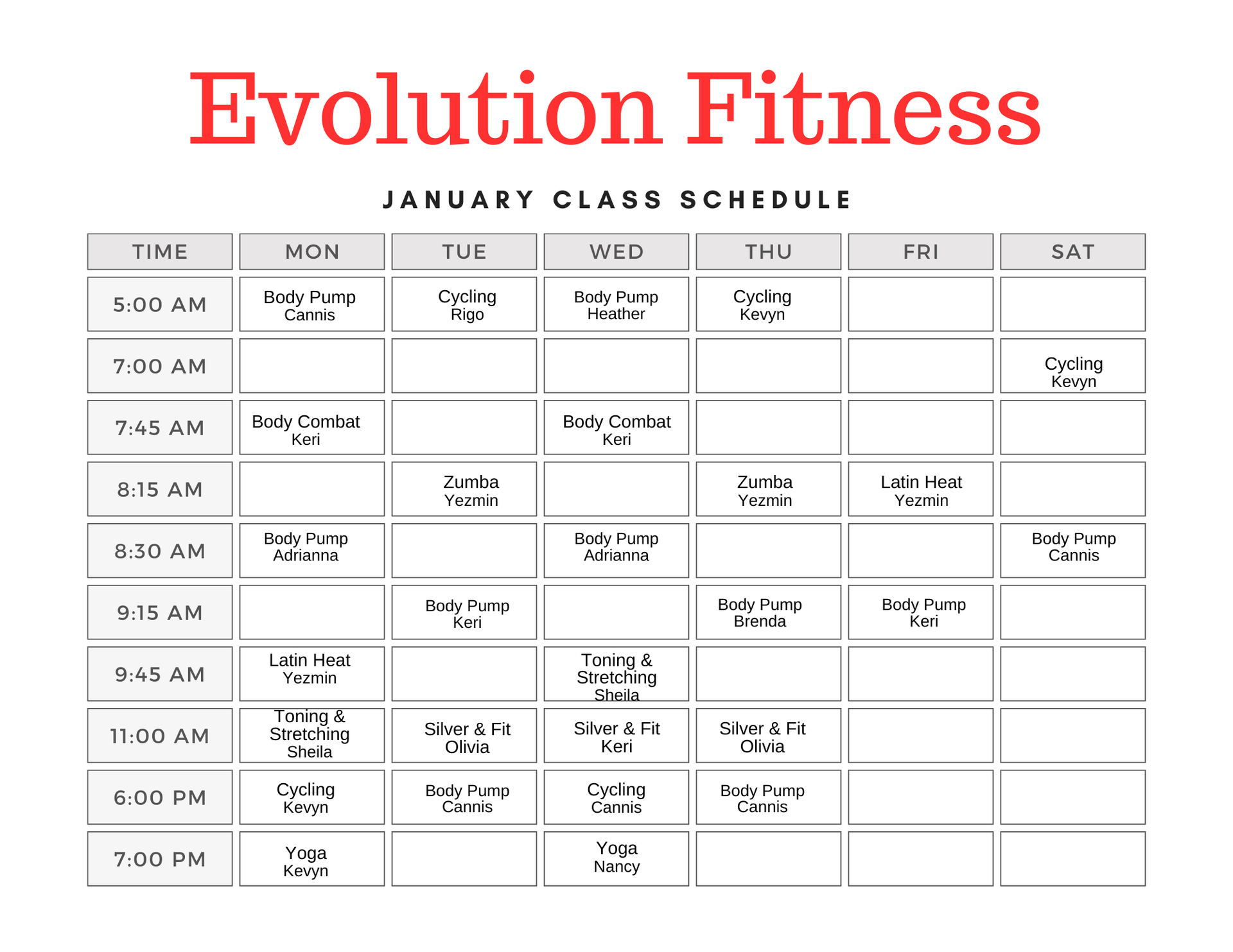 Evolution Fitness December 2024 Class Schedule