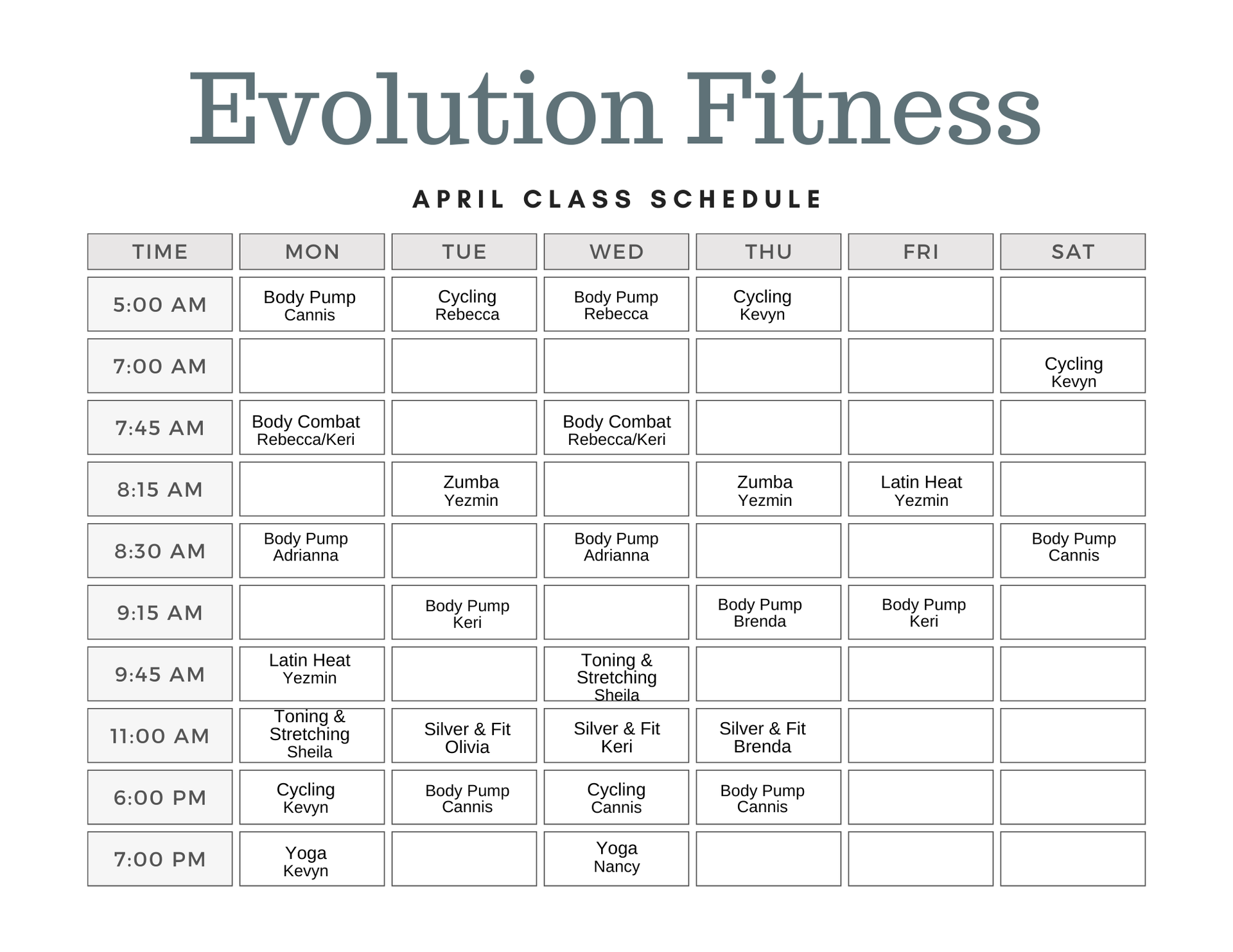 Evolution Fitness December 2024 Class Schedule