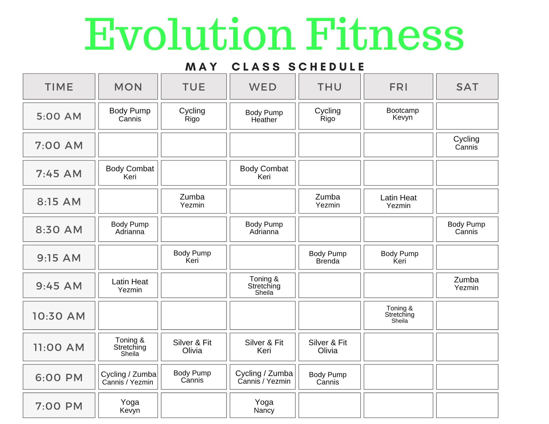 Evolution Fitness December 2024 Class Schedule