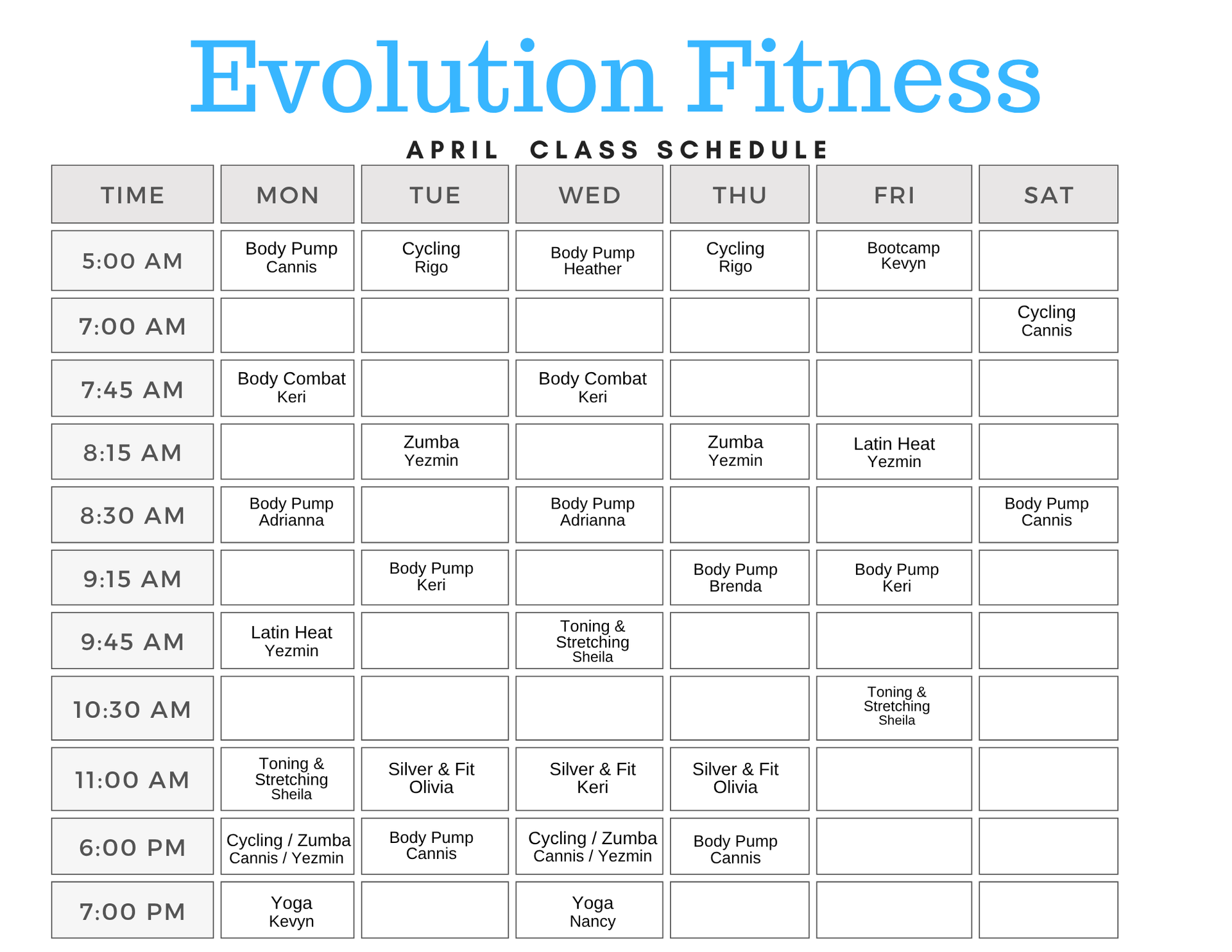 Evolution Fitness December 2024 Class Schedule