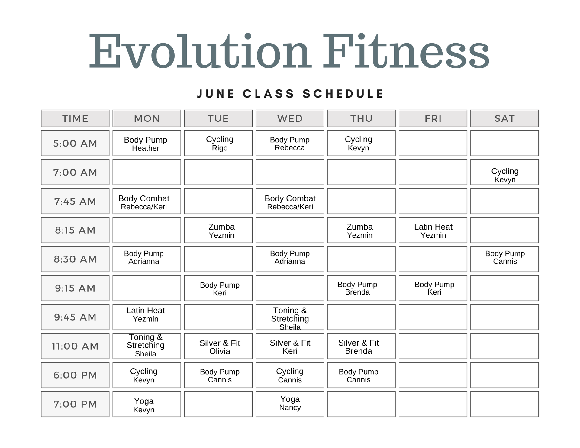 Evolution Fitness December 2024 Class Schedule