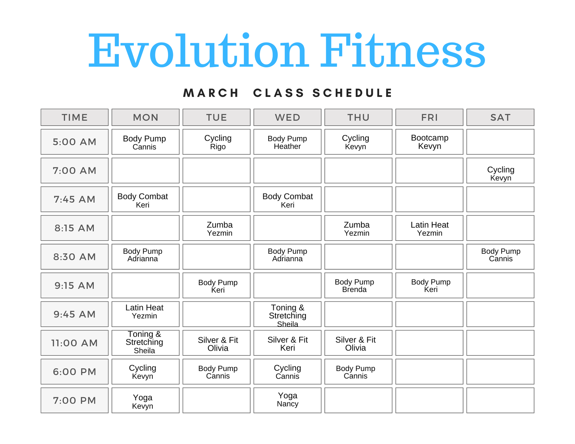 Evolution Fitness December 2024 Class Schedule