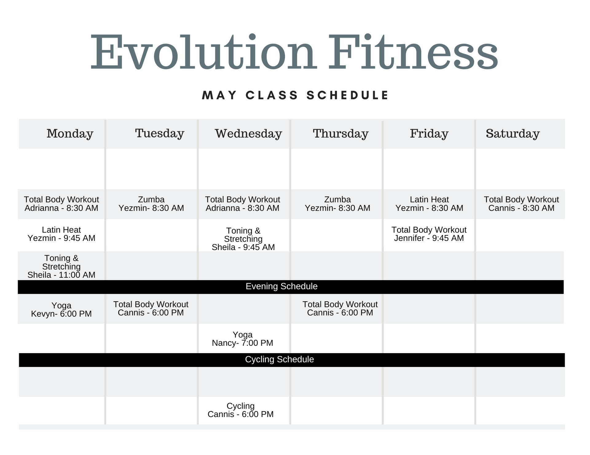 Evolution Fitness April 2024 Class Schedule