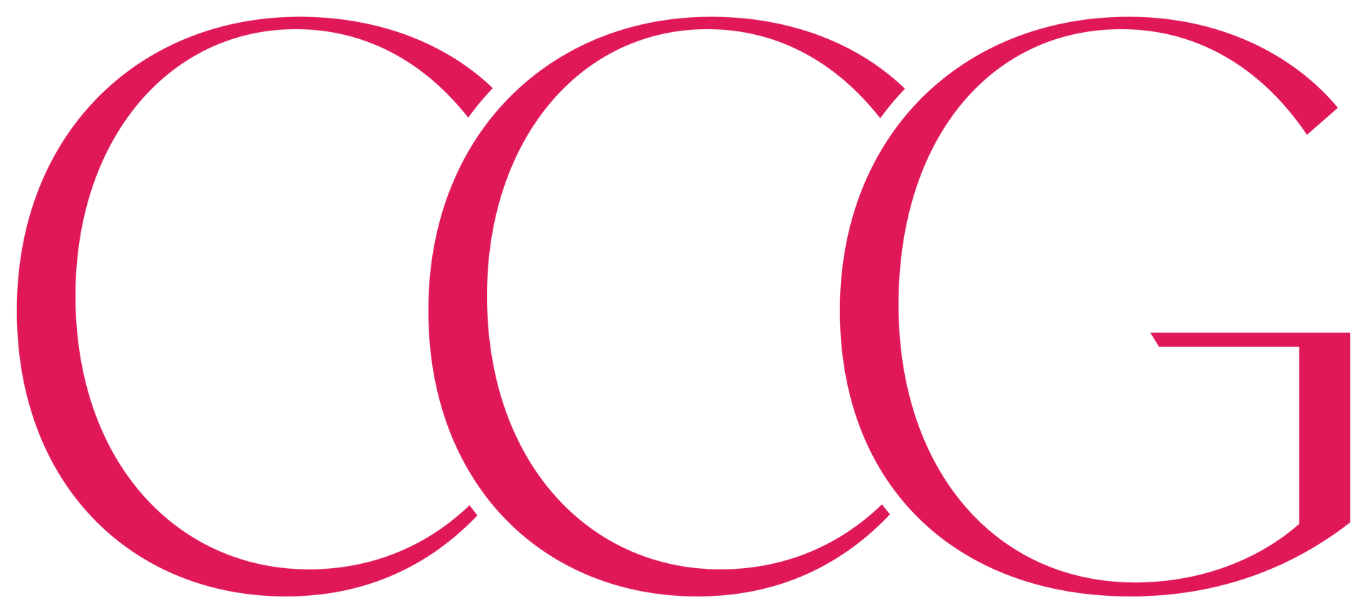 A pink ccg logo on a white background