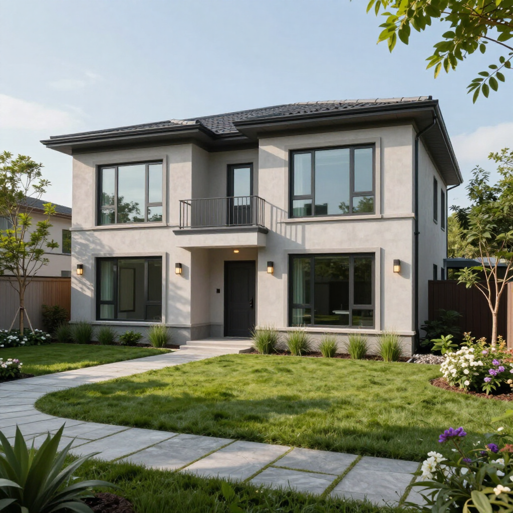 Modern two-story beige house with black roof, large windows, and a green front lawn