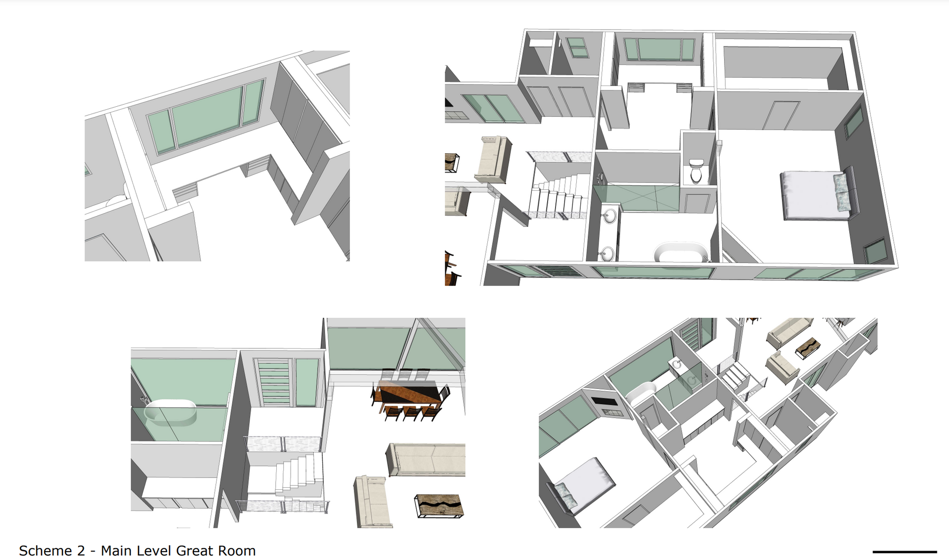 A 3d floor plan of a house with a table in the middle