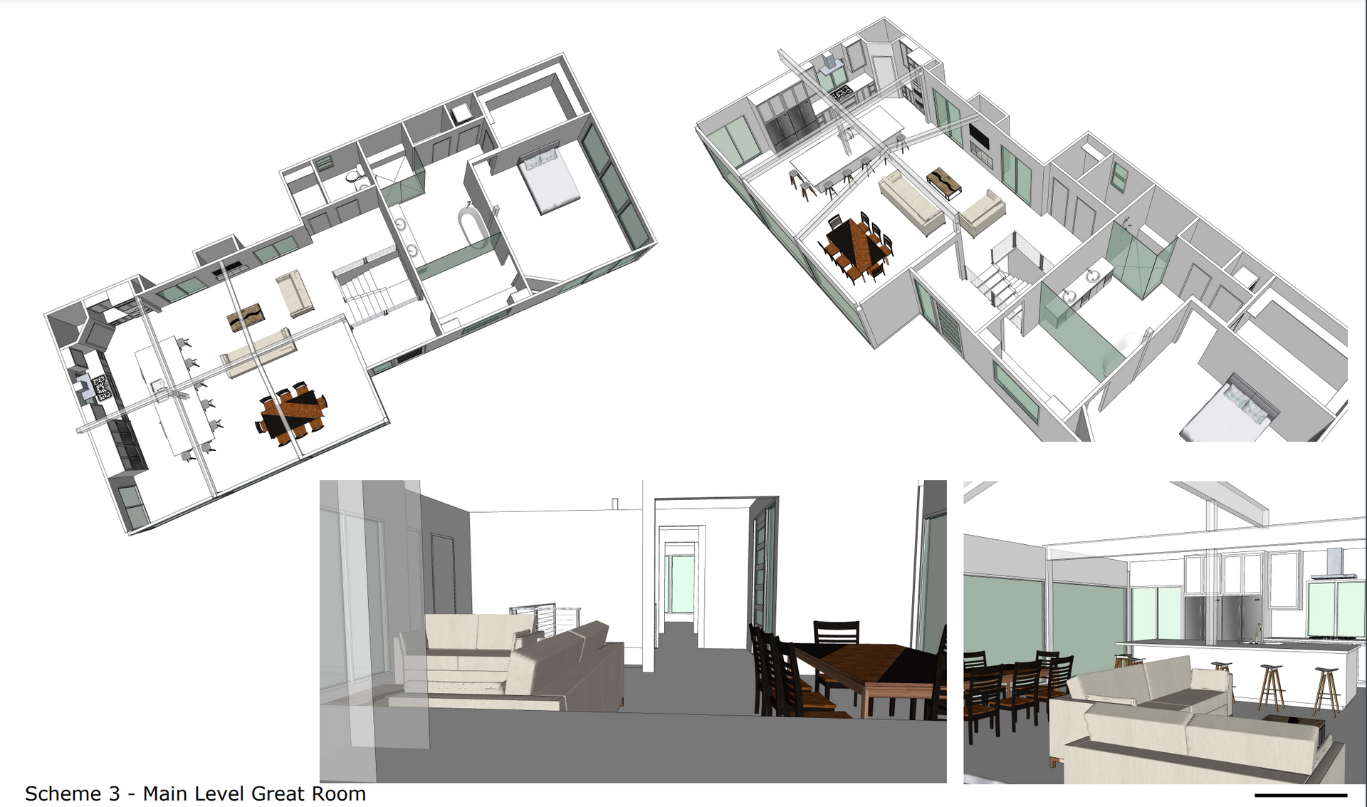 A 3d floor plan of a house with a living room and dining room.