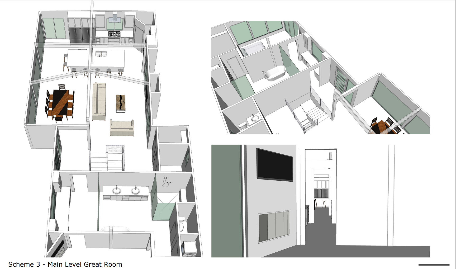 A 3d floor plan of a house with a dining table in the middle