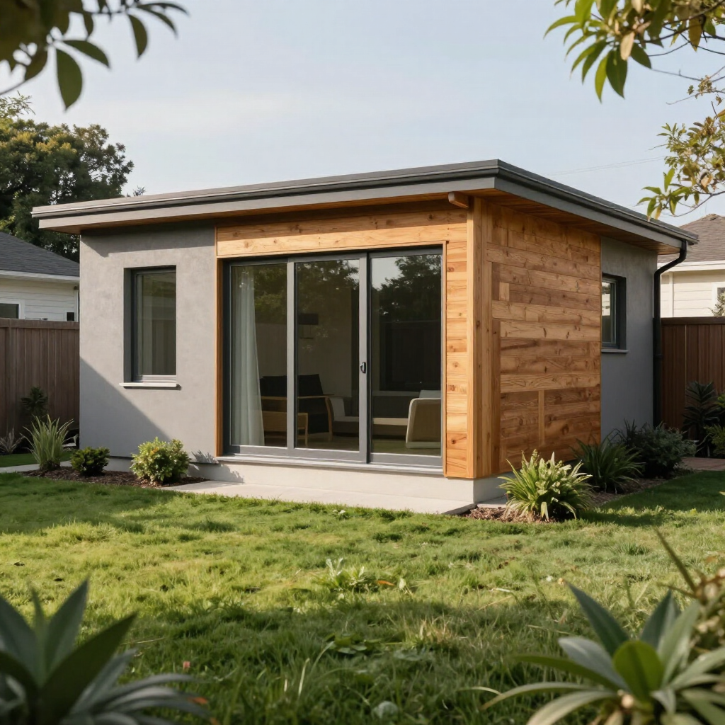 Modern backyard patio room with sliding glass doors, wood siding, and a flat roof, surrounded by grass and shrubs