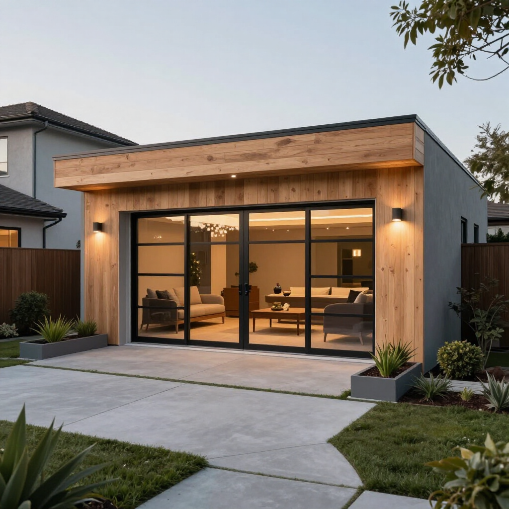 Modern small house exterior with warm wood siding, large glass doors, and a lit patio at dusk