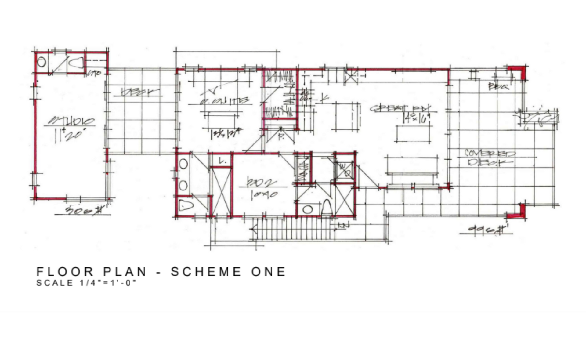 A black and white floor plan of a house scheme one