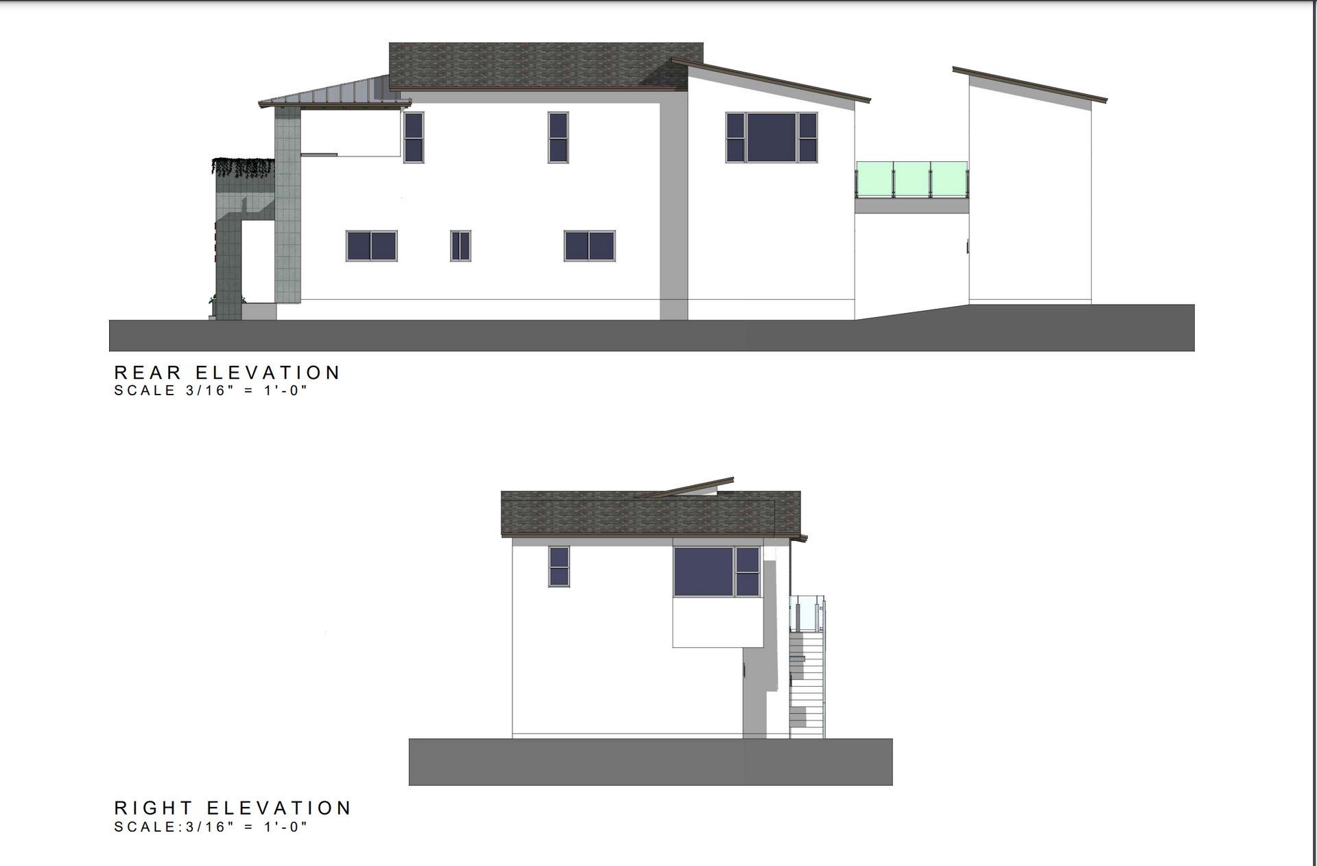 A drawing of a house showing the front and side elevations