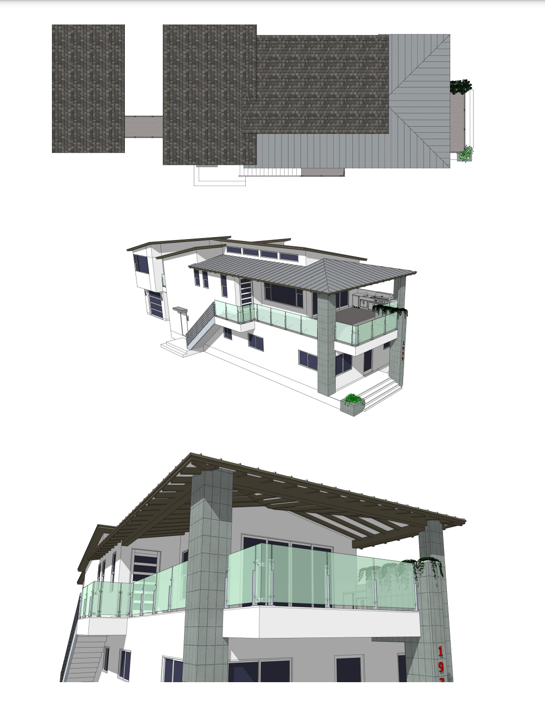 A 3d model of a house with a balcony and stairs.