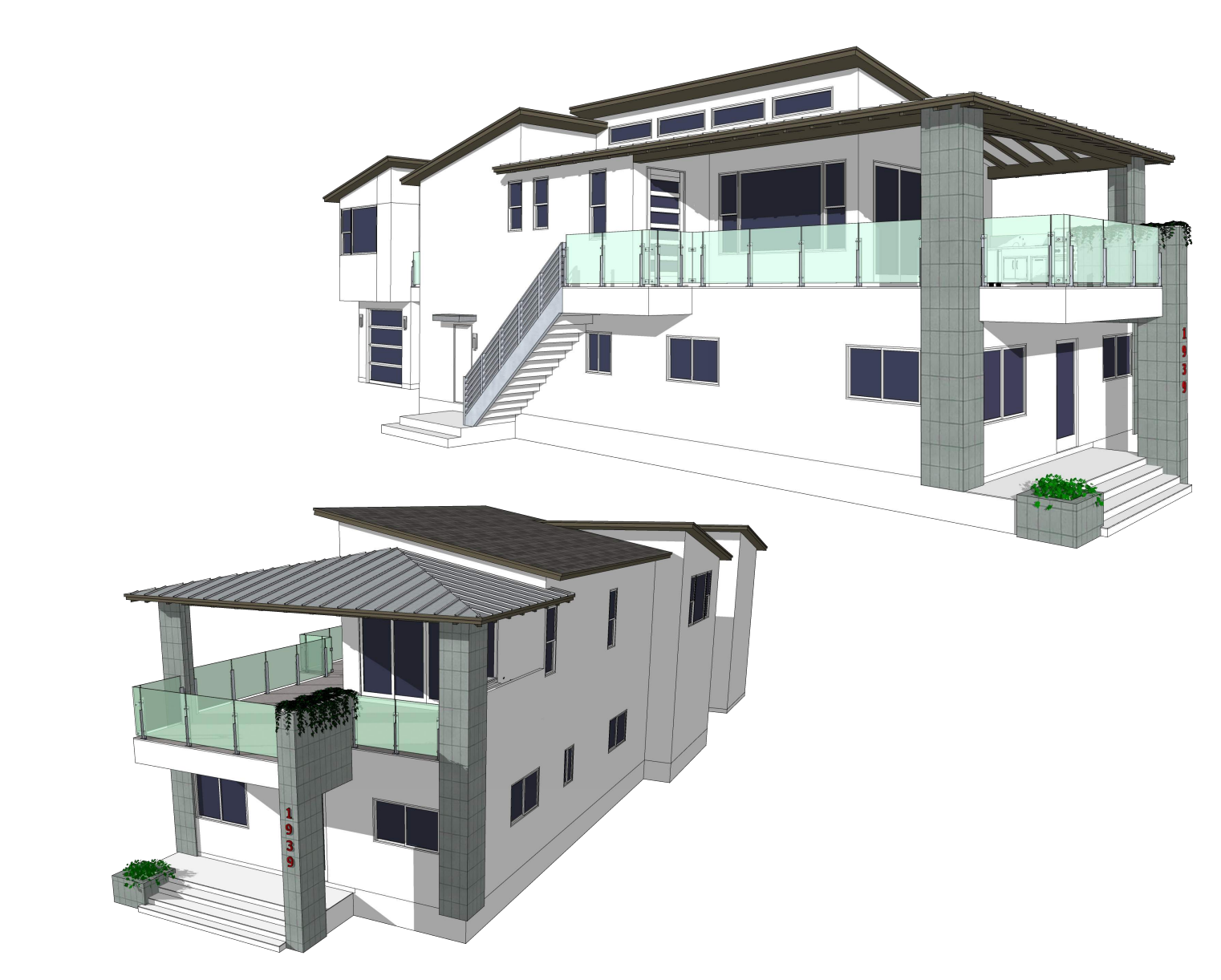A 3d model of a house with a balcony and stairs.