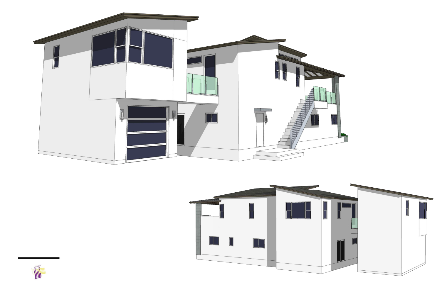 A 3d model of a house with stairs and a garage