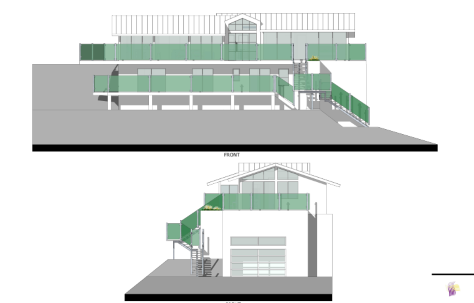 A drawing of a building with a balcony and stairs