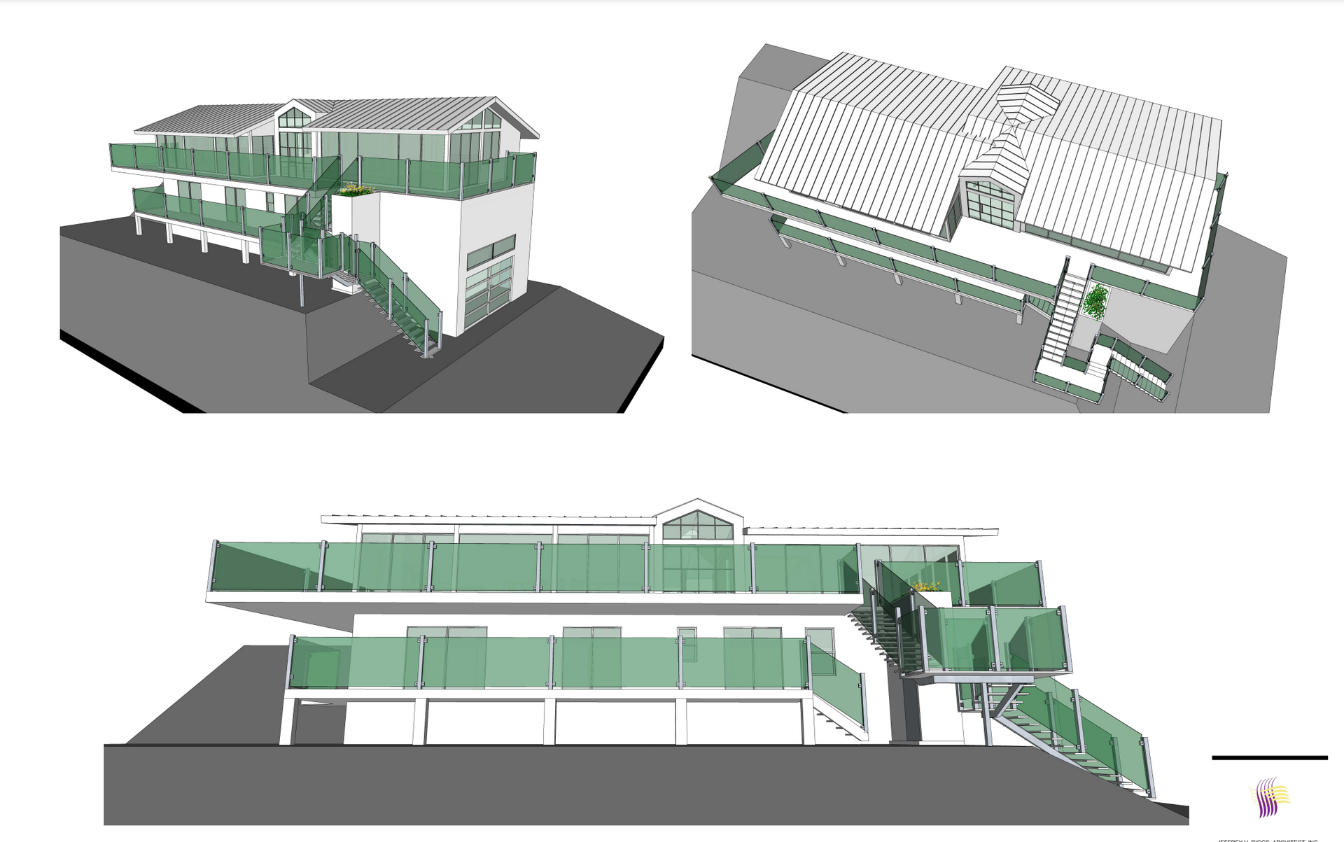 A 3d model of a building with stairs and balconies
