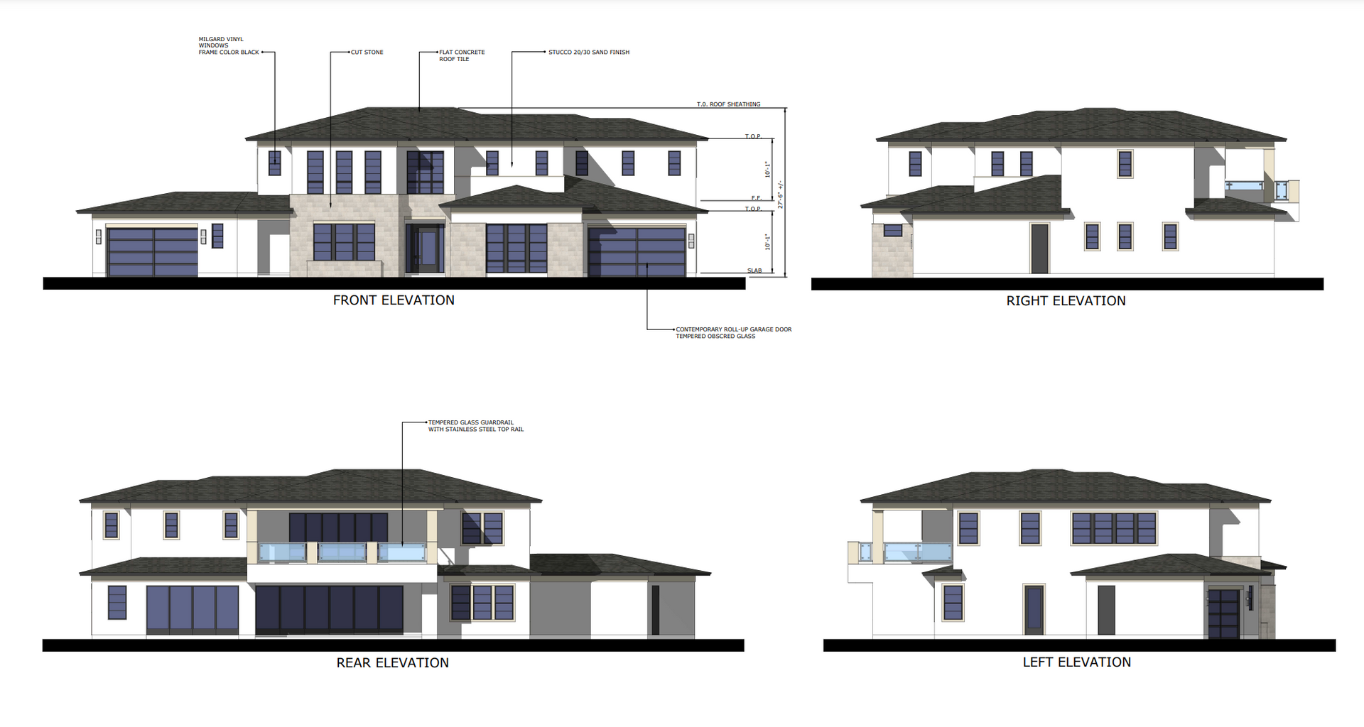 A set of four drawings of a house on a white background.