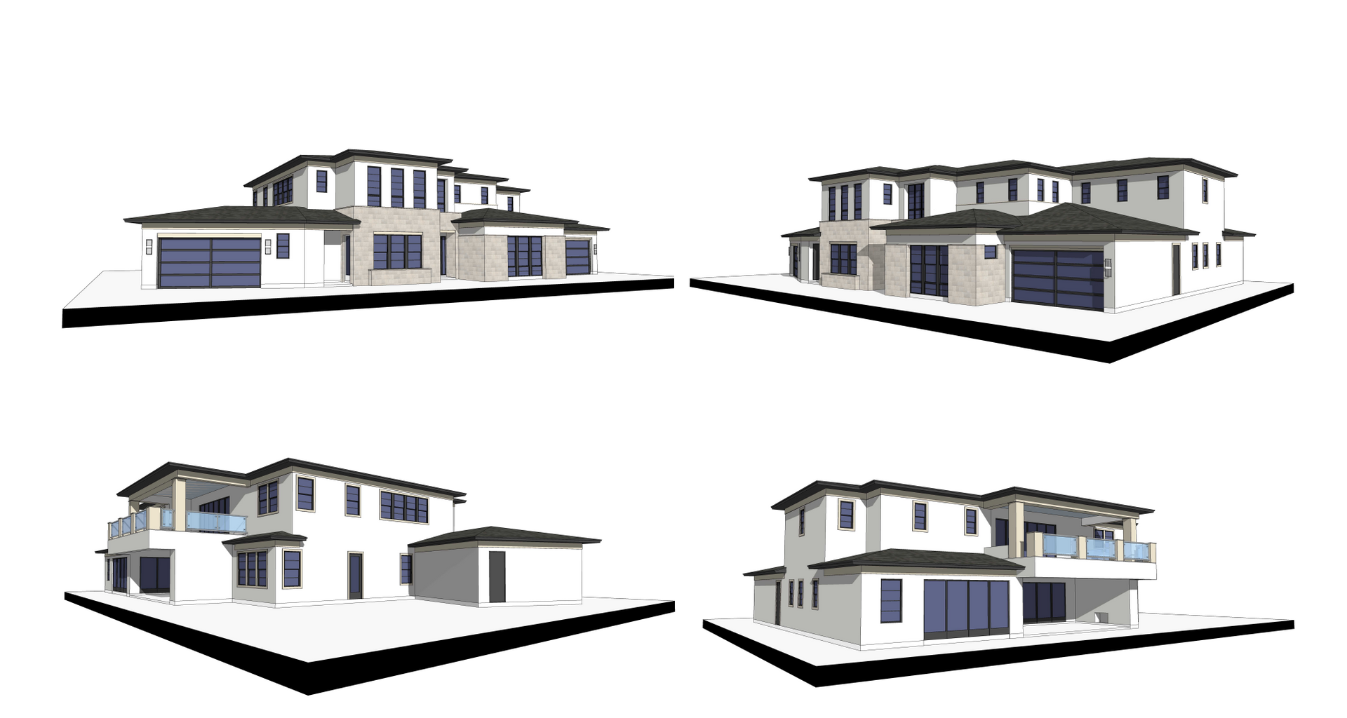 Four different views of a house on a white background