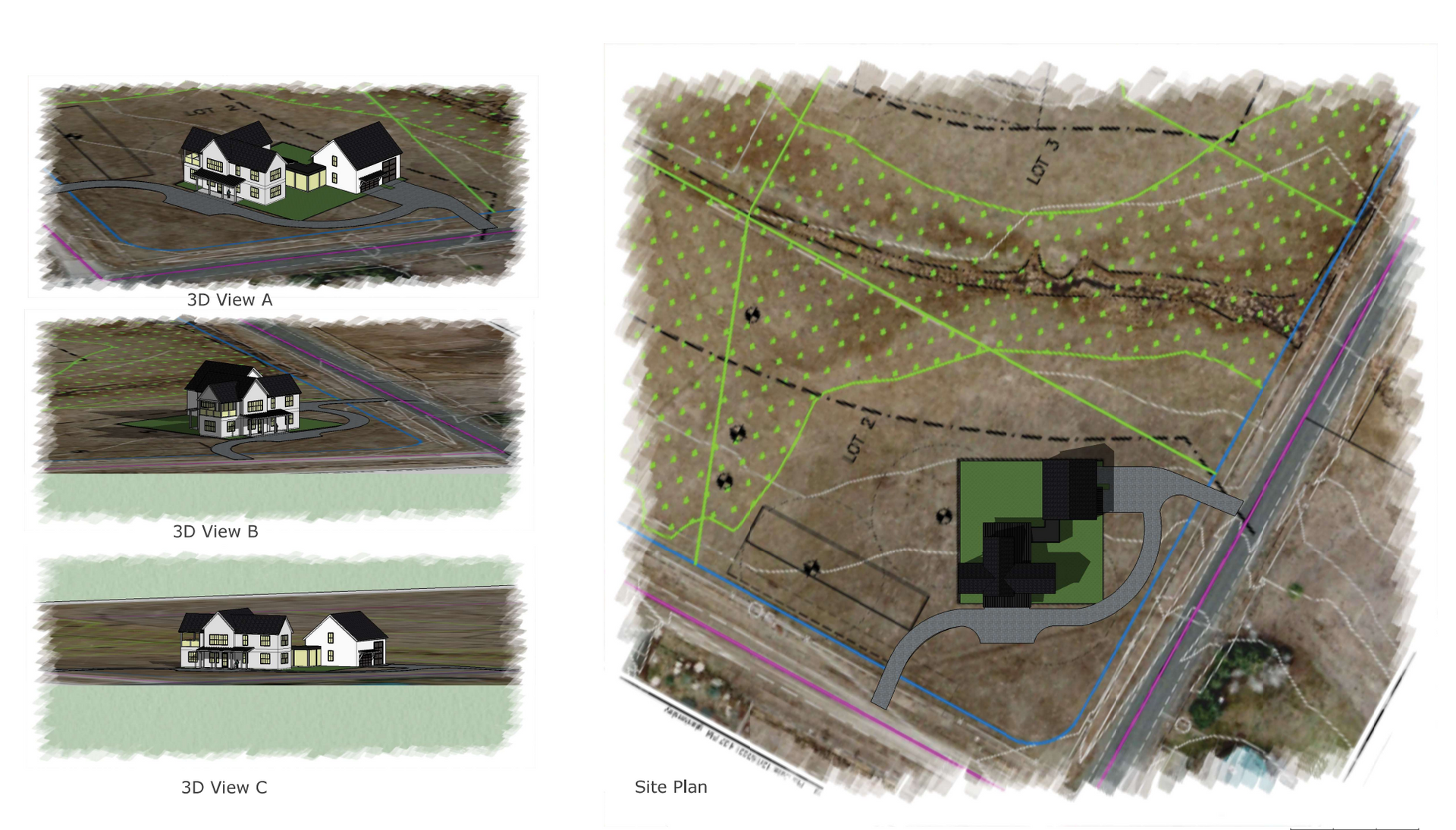 An aerial view of a house in a residential area.