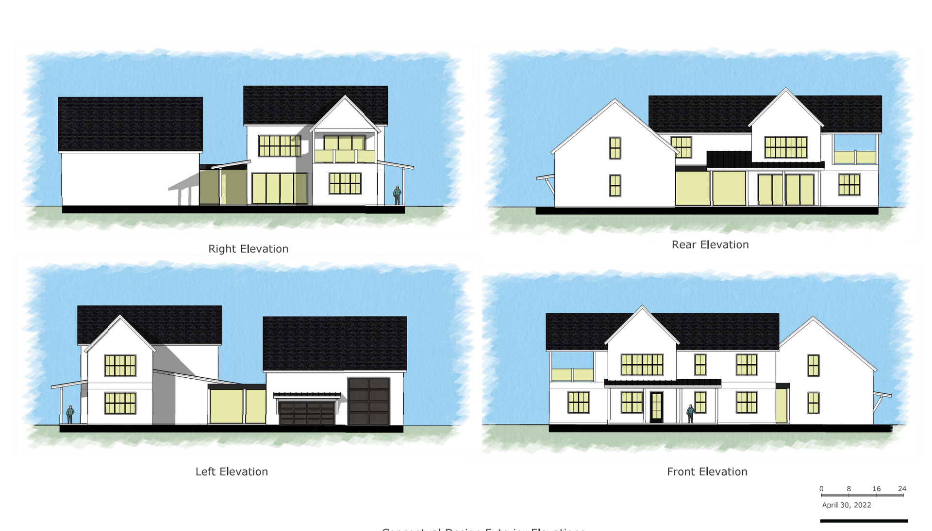 Four drawings of a house with a blue sky in the background