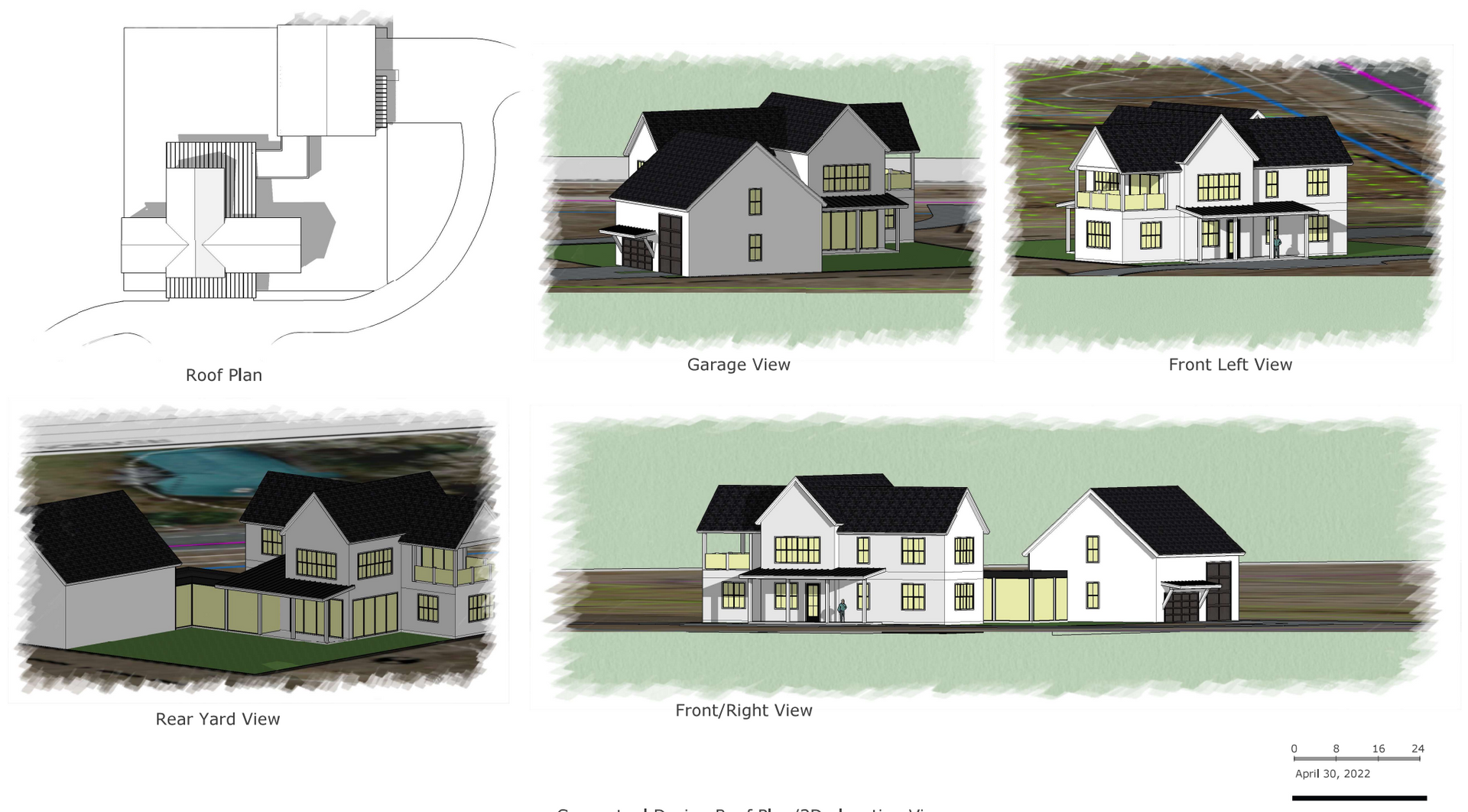 A drawing of a house with a black roof