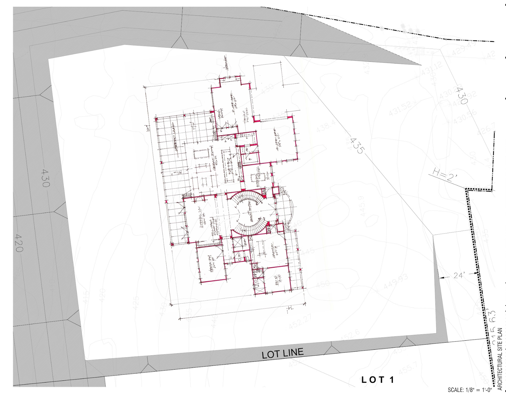 A drawing of a house with lot 1 written on it