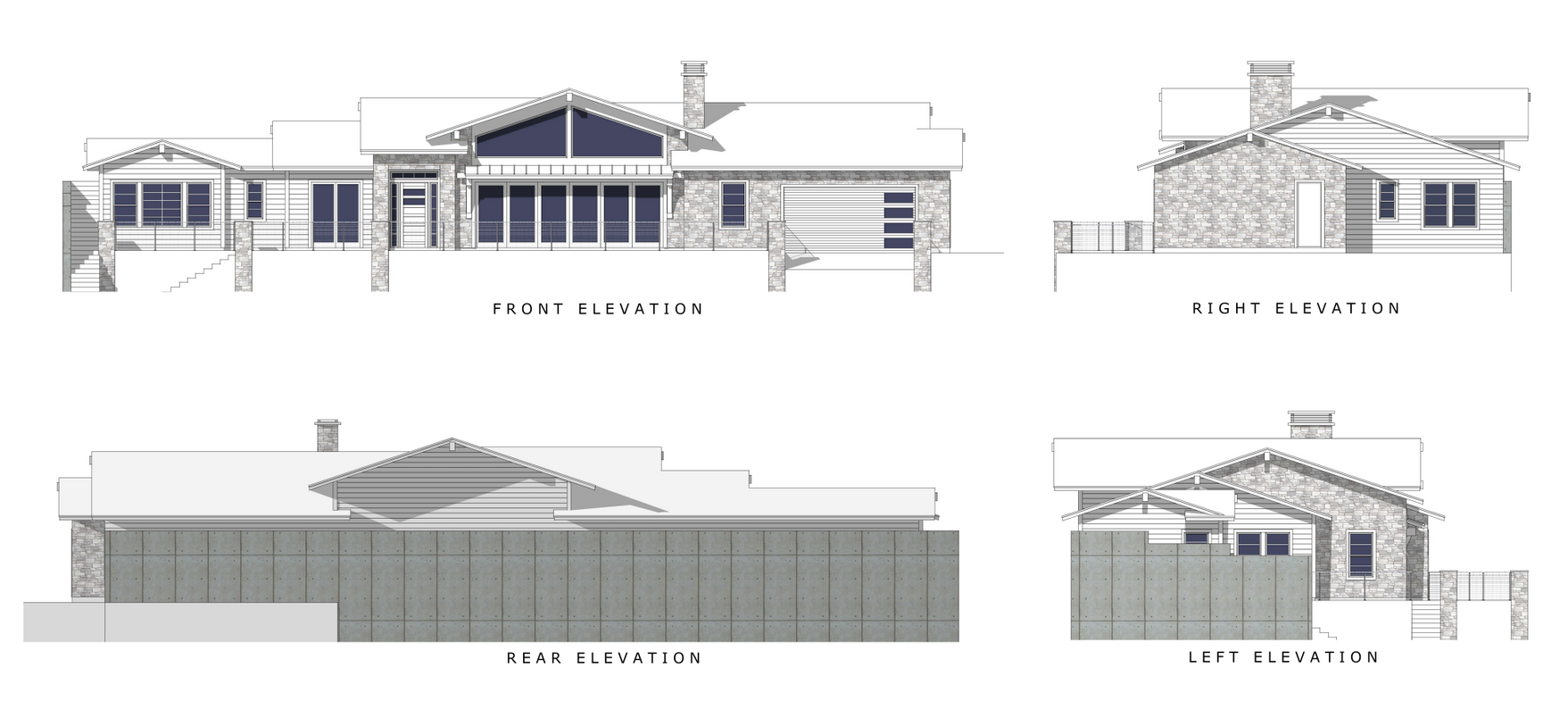 A set of four elevations of a house on a white background
