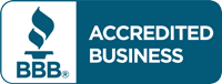 Blue rectangular Better Business Bureau Accredited Business logo with a white torch icon and BBB text.