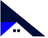 A blue and white triangle with a house on it.