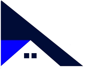 A blue and white triangle with a house on it.