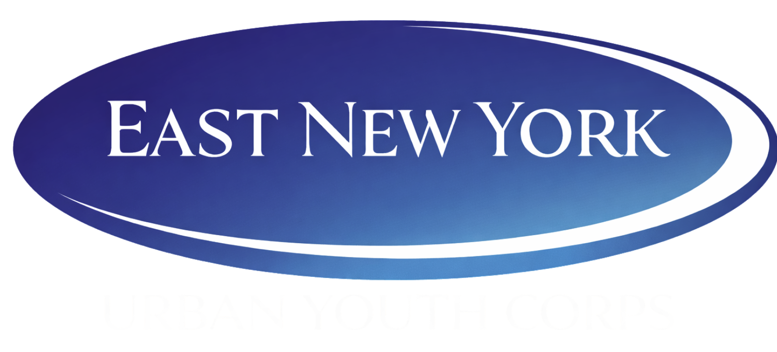 East New York logo in white text on a blue oval with a light blue outline.