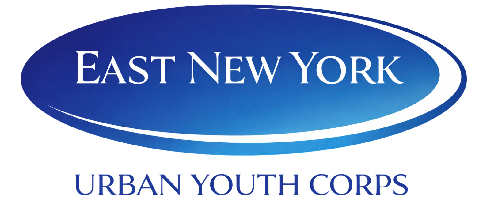 East New York Urban Youth Corps logo. Blue oval with white text: 