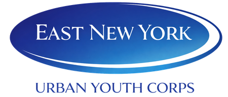 East New York Urban Youth Corps logo. Blue oval with white text: