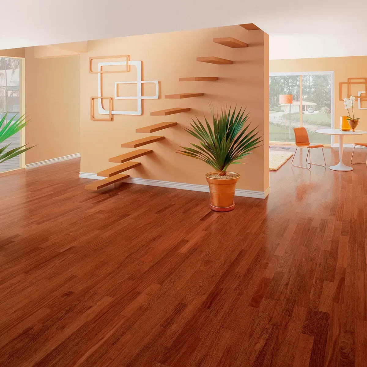 Sala de estar moderna com escada flutuante, piso de madeira e plantas em vasos, iluminada por luz natural aconchegante.