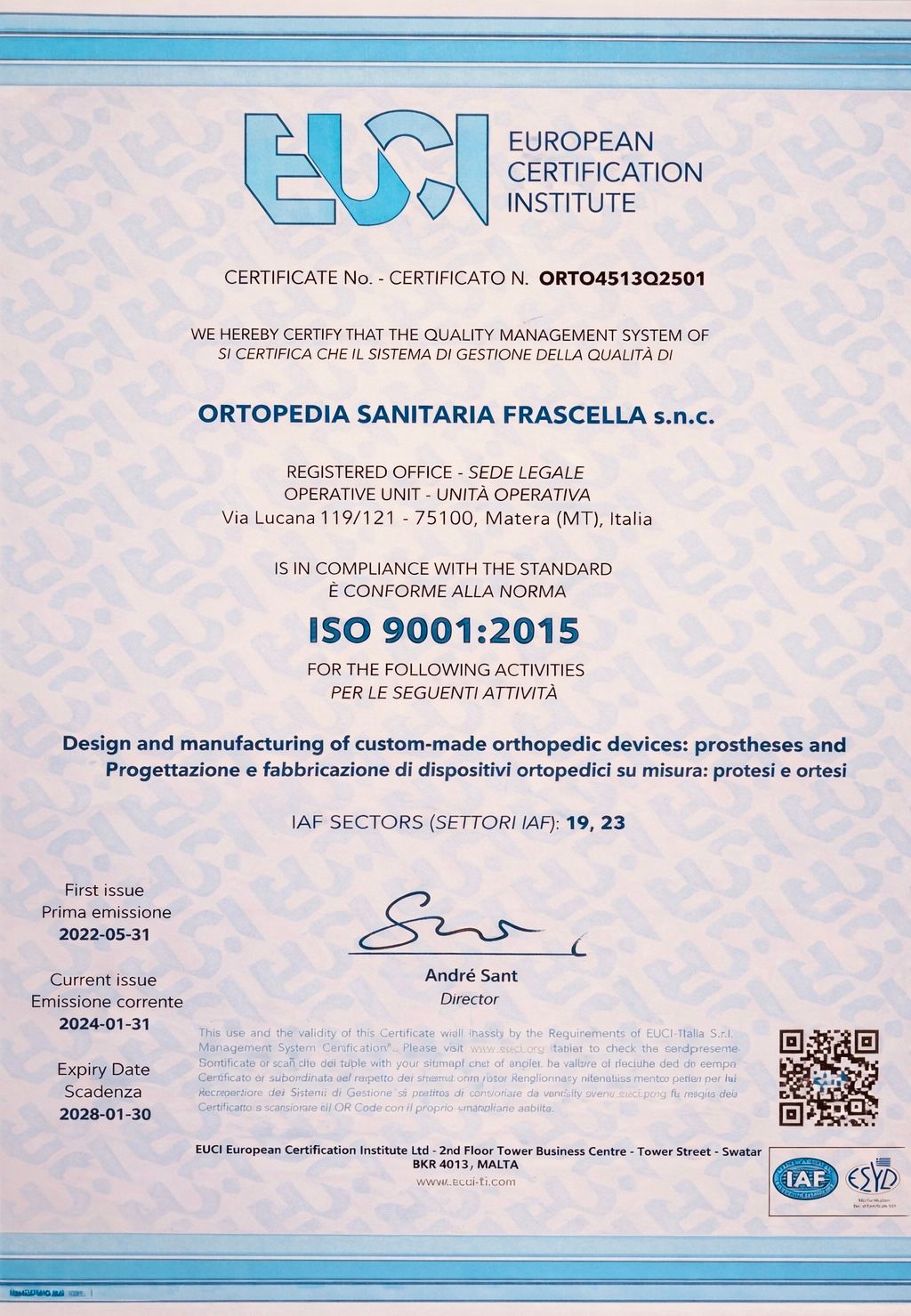 ISO 9001:2015 certificate from European Certification Institute for Ortopedia Sanitaria Prescella.