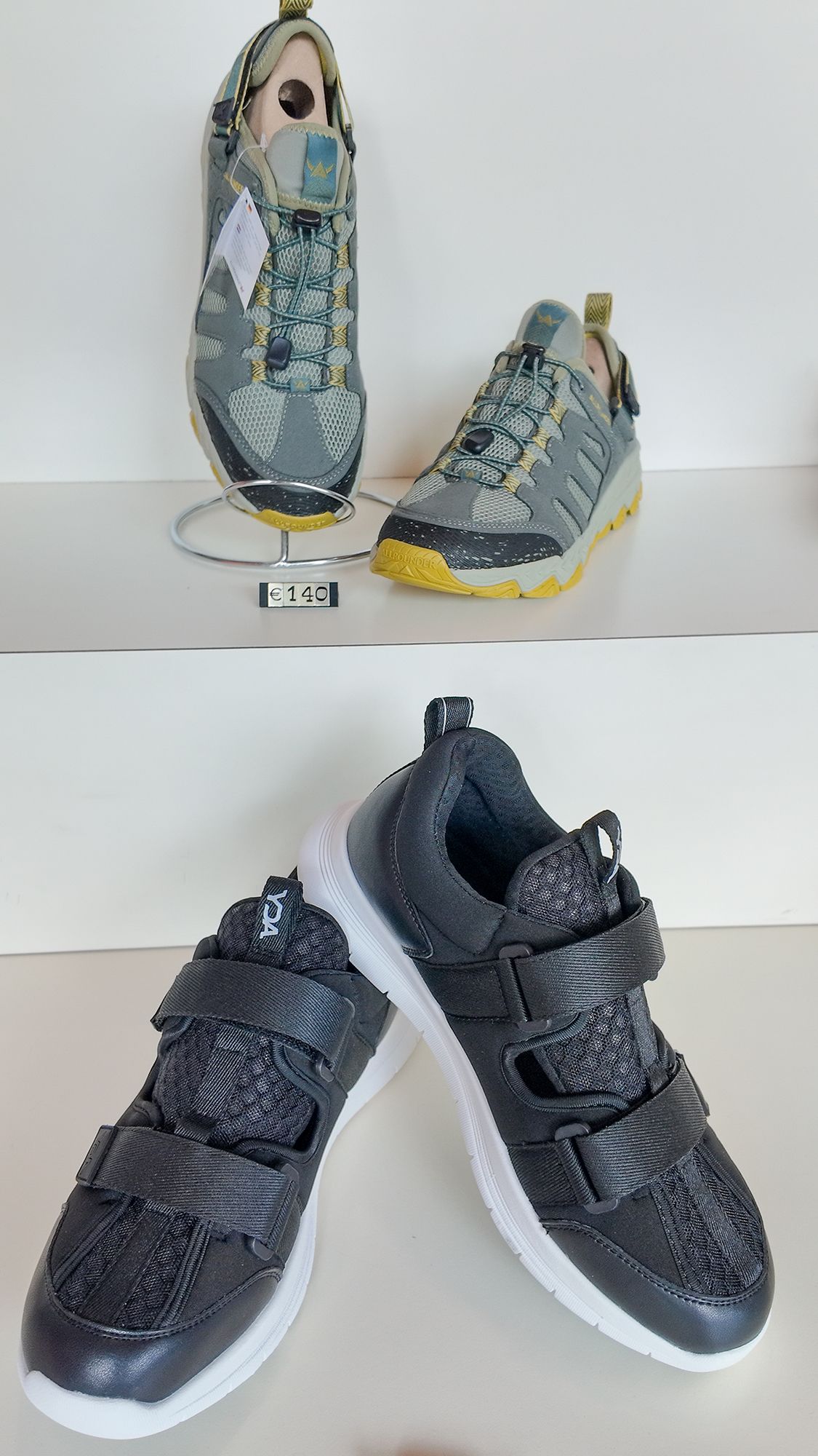 Due paia di scarpe da ginnastica: scarpe da trekking grigie e gialle e scarpe nere con velcro e suola bianca.