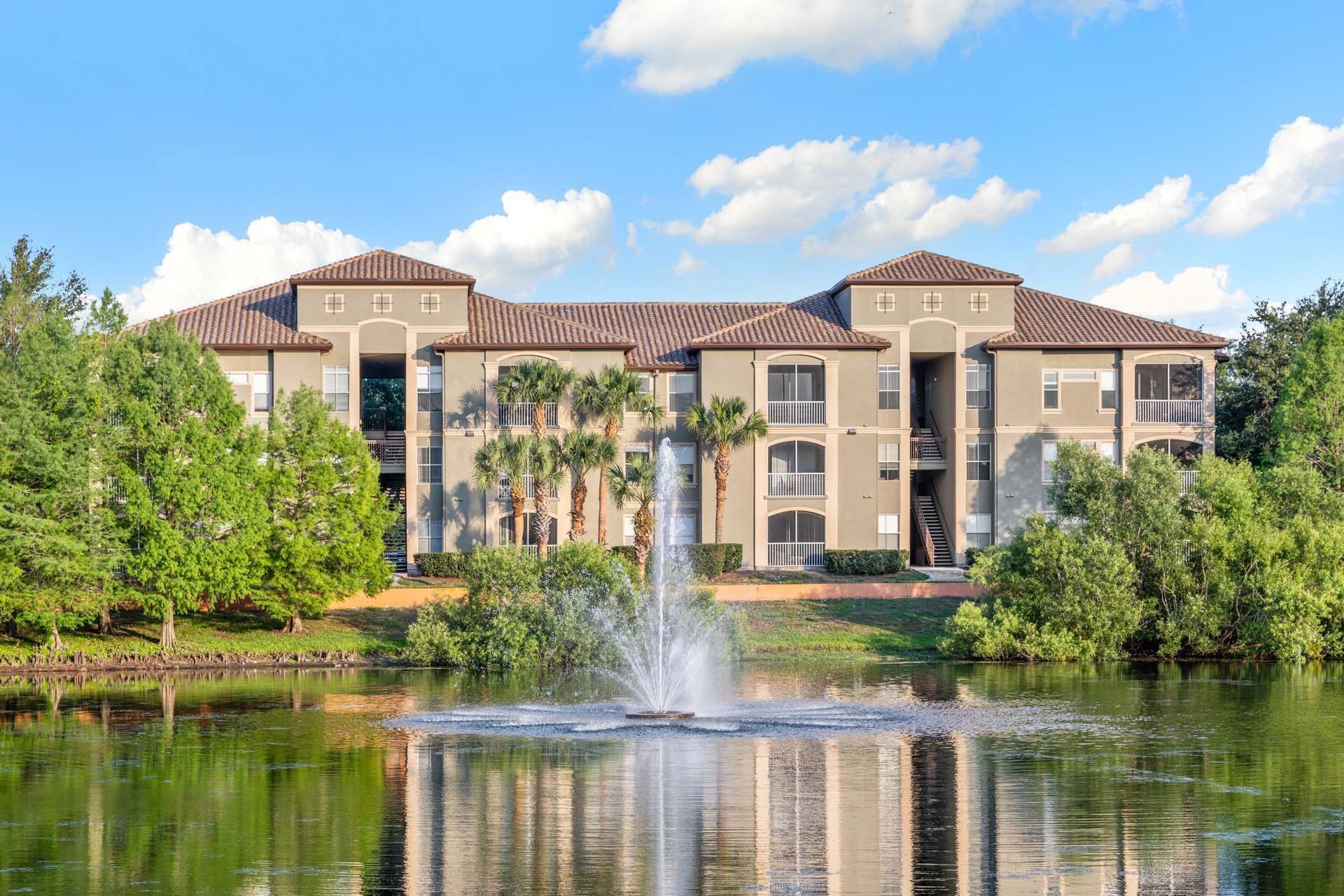 Pond with fountain at The Debra in Orlando, FL.